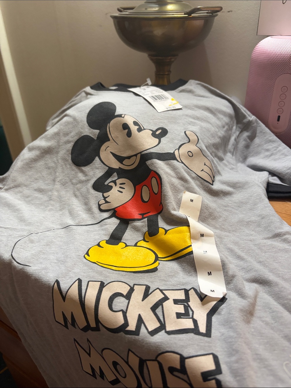 Disney Gray Mickey Mouse Graphic Tee with Red and Yellow Accents
